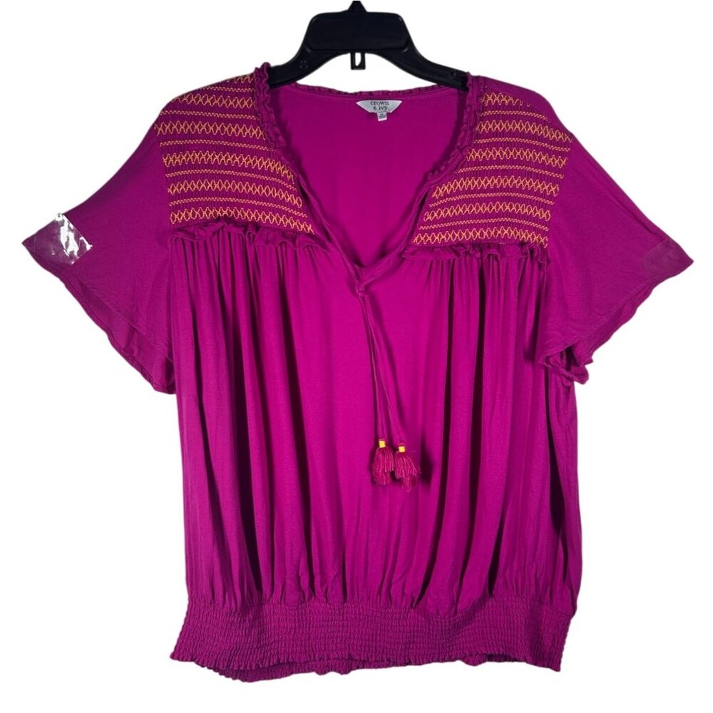 Crown & Ivy Bohemian Short Sleeve Top‎ Women's 1X Deep Pink Smocked Hem Rayon